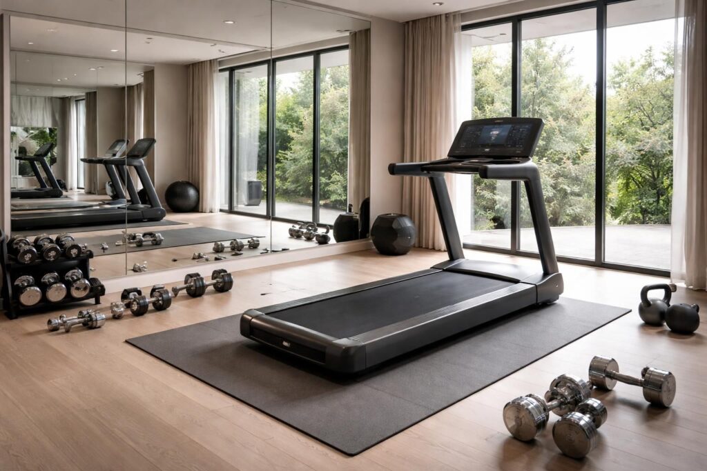 aménagez une salle de sport à domicile avec du matériel de qualité : tapis technogym, haltères variés et miroirs muraux xl pour un espace fitness complet et motivant.