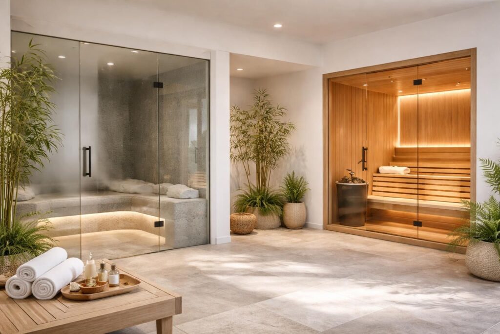 découvrez nos espaces bien-être et spa à domicile, intégrant hammam, sauna et une décoration zen minimaliste pour une relaxation optimale chez vous.